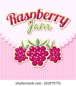 Raspberry jam label in retro style on striped background