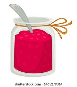 Raspberry jam in mason jar glass container with thread vector isolated meal with spoon product rich in vitamins syrup, for dishes and snack appetizer made of ripe fruits berries portion cooked