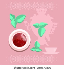 Raspberry jam, mint leaves, a cup of tea and samovar (Kettle). Vector background.