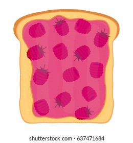 Raspberry jam on toast with jelly. Made in cartoon flat style. Healthy nutrition.