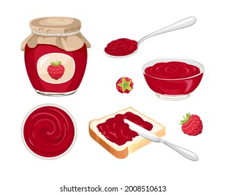 Raspberry jam set. Confiture spread on piece of toast bread, knife, glass jar with jelly, spoon, bowl and fresh red berry isolated on white background. Vector food illustration in cartoon flat style.