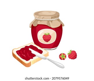 Raspberry jam set. Spread on piece of toast bread, knife, glass jar with jelly and fresh red berries isolated on white background. Vector sweet food illustration in cartoon flat style.