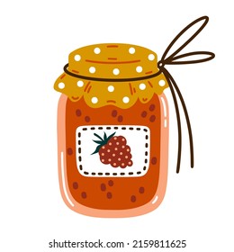 Raspberry jam vector icon. Sweet berry jelly in a glass jar with lid, label, tied with a rope. Delicious dessert made from ripe garden fruits. Flat cartoon style, homemade conservation. Summer clipart