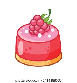 Raspberry jelly cake  on a white background. Cartoon sweet dessert pink jelly. Vector illustration.