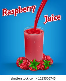 raspberry juice ad, with splash isolated on blue background. glass container with red raspberry Juice. 3d realistic berry Vector illustration for your package design