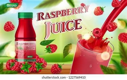 Raspberry juice bottle with splash on wooden table. fruit juice container package ad. 3d realistic summer ripe raspberry Vector illustration for your design