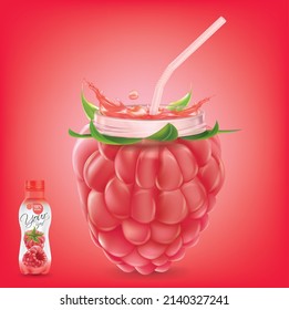 Raspberry  juice bottle with splashing straw.