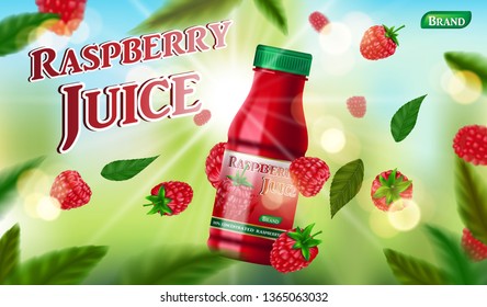 Raspberry juice bottle template for package design. fruit juice container package ad. 3d realistic Sweet food - ripe raspberry Vector illustration