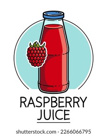 Raspberry juice in a glass bottle isolated on white background vector illustration, cartoon style logo or badge for pure fresh juice, diet food beverage delicious and healthy. 