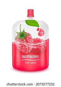 Raspberry juice jelly drink in foil pouch with top cap and design of raspberry fruit red packaging mock up. Isolated on a white background. Realistic 3D vector EPS10 illustration. svg