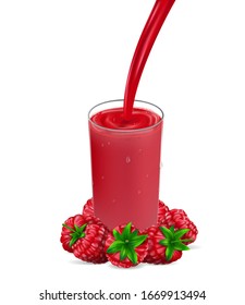 raspberry juice with splash isolated on white. glass with red raspberry Juice. 3d realistic berry Vector illustration for your design