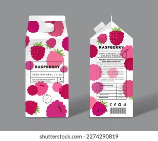 Raspberry juice. Template packaging design. Transparent berries.