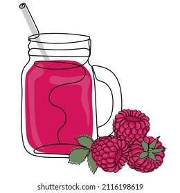 Raspberry juice. Trendy vector illustration of fruit and juice in minimalist line art style.