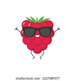 Raspberry jump greet cute character cartoon delicious berry smile face kawaii joy happy cheerful emotions icon vector illustration.