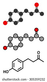 Raspberry ketone molecule. Primary aroma compound of raspberries. Used as food additive and in nutritional supplements. Stylized 2D renderings and conventional skeletal formula.
