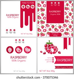 Raspberry label set. Collection of fruits covers for package design.