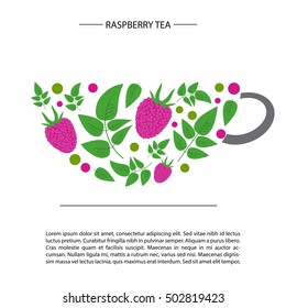 raspberry and leaves and in the form of a cup. raspberry tea. Card template or poster