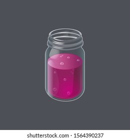 Raspberry lemonade in a jar. Vintage glass of homemade refreshment drink. Vector illustration isolated on dark background.