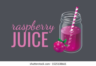 Raspberry lemonade in vintage glass jar. Concept for homemade refreshment drink ads or banner. Vector illustration isolated on dark background.