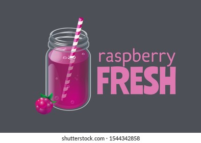Raspberry lemonade in vintage glass jar. Concept for homemade refreshment drink ads or banner. Vector illustration isolated on dark background.