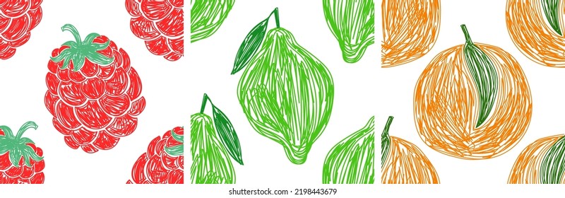 Raspberry, lime and orange fruit sketch. Seamless pattern set. Hand drawn vector illustration. Pen or marker fruits