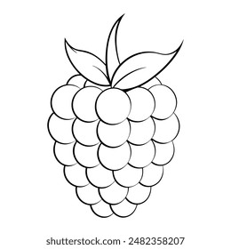 Ilustración de arte de la línea de frambuesa. Icono de frambuesa con hojas. Concepto de comida vegana saludable