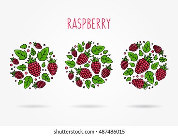 Raspberry line art vector illustration. Raspberry round labels creative concept. Graphic design for poster, banner, placard. Template layout with text and berries.
