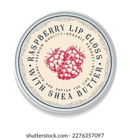 Raspberry Lips Balm Vintage label packaging design, round shape. Great for package, tags, stickers, etc. Perfect for your business. Simple style. Flat design.