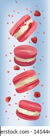 Raspberry macaroon in motion isolated on blue background. Sweet french macaroons close up. Falling macaroons. 3d vector illustrator