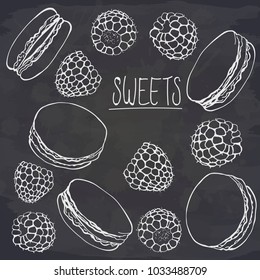 Raspberry and macaroons jn chalkboard. Vector food image. Sweet and beautiful dessert. Set of elements. Perfect for dessert menu or food package design.