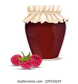 Raspberry marmalade in a jar and dewy fresh raspberries - isolated on white background. Vector illustration.