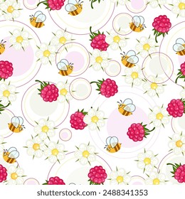 Raspberry meadow. Swarm of bees. Bees, flowers and raspberries. Vector background, seamless pattern. Design for textiles, packaging of berries and honey products. Vector illustration