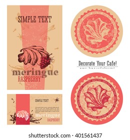 Raspberry meringue, eco-friendly packaging design and execution of a cafe, a paper bag, business card, sticker and beermat. Decorate your cafe.