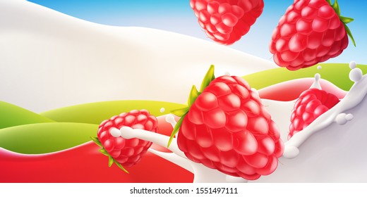 Raspberry in milk High quality vector realistic illustration for yogurt or milk product label and packaging design or advertising needs