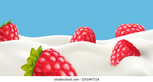 Raspberry in milk High quality vector realistic illustration for yogurt or milk product label and packaging design or advertising needs