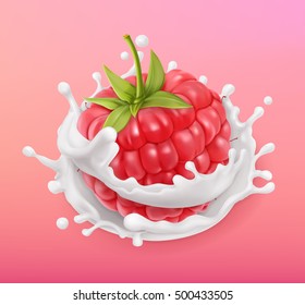 Raspberry and milk splash. Fruit and yogurt. Realistic illustration. 3d vector icon