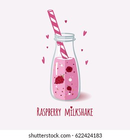 Raspberry milkshake. Cute bottle of healthy cocktail. Detox drink. Healthy & tasty beverage from garden and forest berries. Vector illustration.