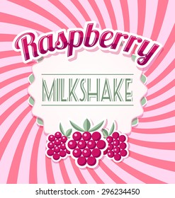 Raspberry milkshake label in retro style on twisted pink background