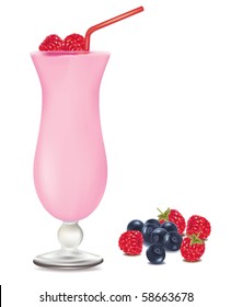 Raspberry milkshake with some berries. Vector.