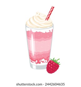 Raspberry milkshake. Vector cartoon illustration of berry cocktail with whipped cream in glass cup. Summer drink flat icon.