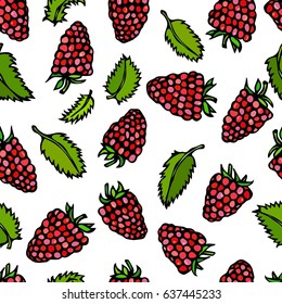 Raspberry and Mint Leaves Doodle Style Vector Sketch, Isolated on White Background.
