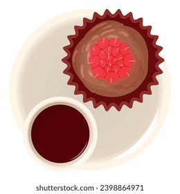 Icono de aleta de frambuesa vectorial isométrico. Muffin de chocolate con frambuesa y té. Postre, concepto de comida