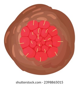 Icono de aleta de frambuesa vectorial isométrico. Muffin de chocolate con frambuesa fresca. Postre, concepto de comida