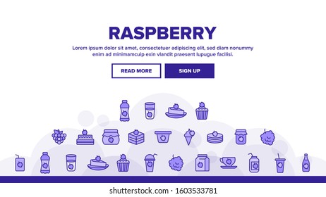 Raspberry Nutrition Landing Web Page Header Banner Template Vector. Raspberry Jam And Ice Cream, Cocktail And Juice In Package, Pie And Cupcake Illustration