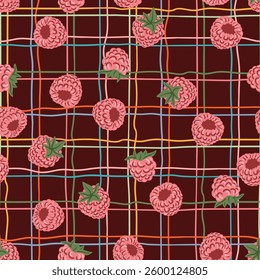Raspberry on line checkered summer seamless pattern for wrapping, fabric. berries tablecloth texture