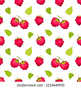 Raspberry on a white background, seamless pattern. Red berries with leaves. Vector illustration.