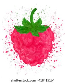 Raspberry on white background. Watercolor vector illustration. Pink berry design elements with blots and stains. Logo design template, fruit or food icon.