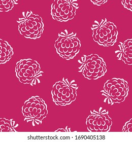Raspberry outline seamless pattern on magenta background. Simple vector monochrome illustration of berries. 