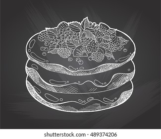 Raspberry pancakes for breakfast. Hand drawn food illustration. Fast food,junk food. Food vector picture isolated on chalkboard background.Vector illustration in sketch style. Hand drawn element.