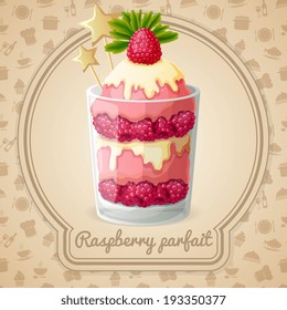 Raspberry parfait dessert with syrup and mint emblem and food cooking icons on background vector illustration